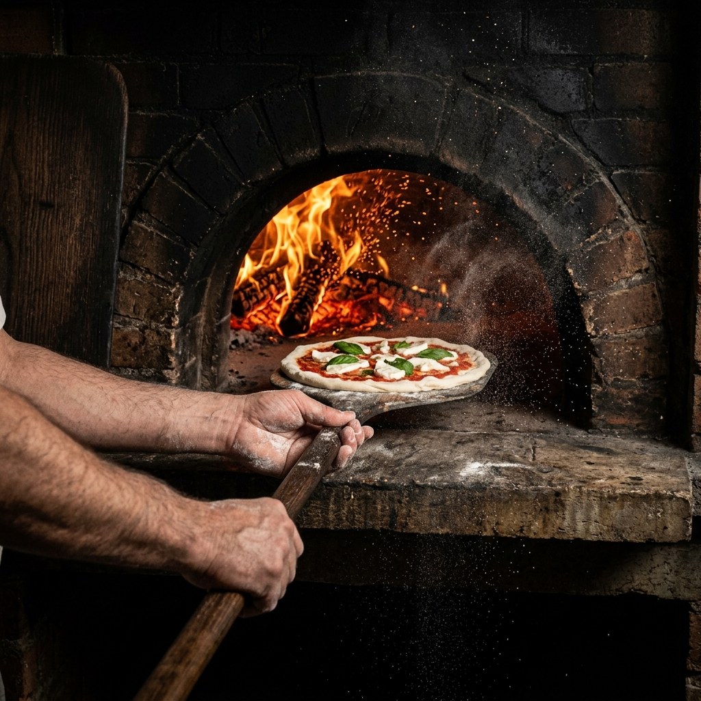 A pizza going into the wood-fired oven