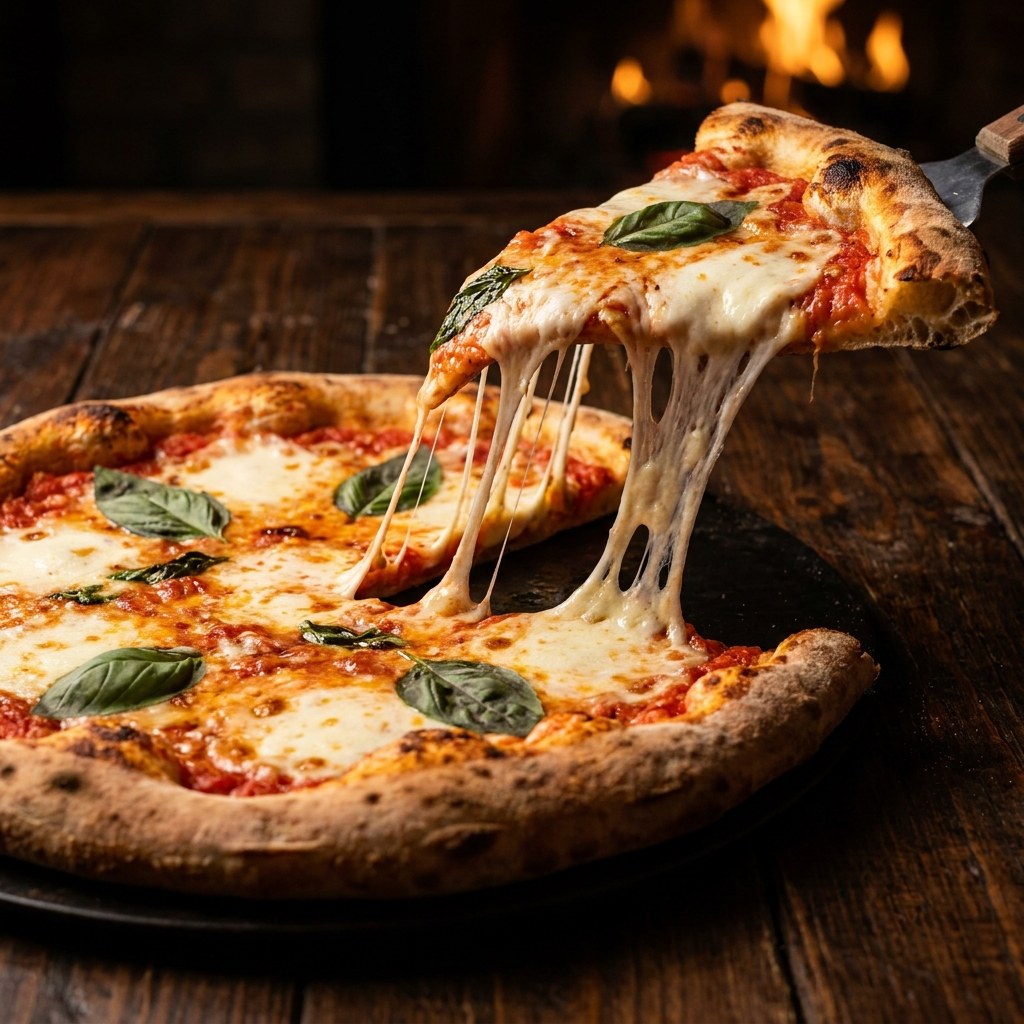 A slice lifted from a fresh margherita