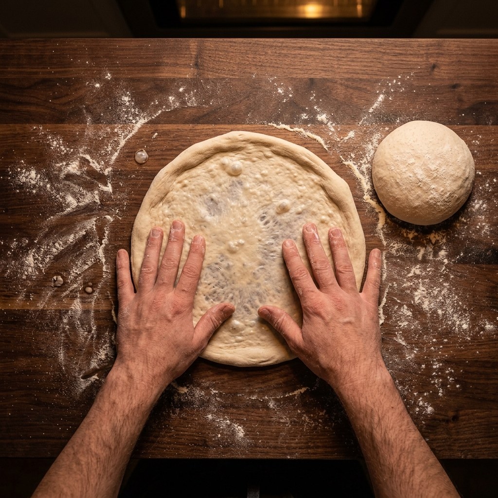 Dough being stretched on the bench