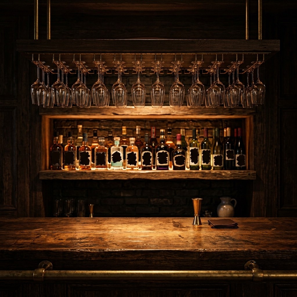 The counter, glasses over the pass