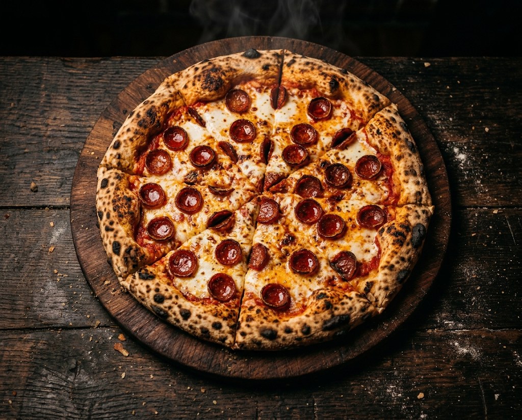 Pepperoni pizza with cupped pepperoni