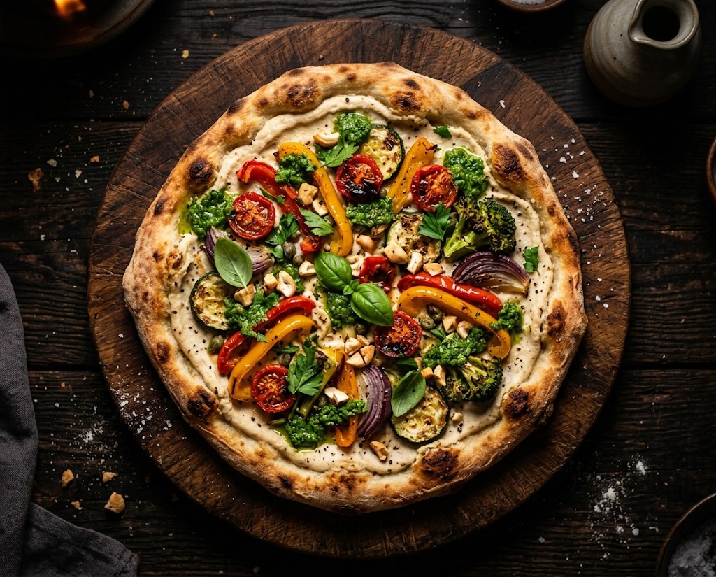 Vegan pizza with cashew base and salsa verde